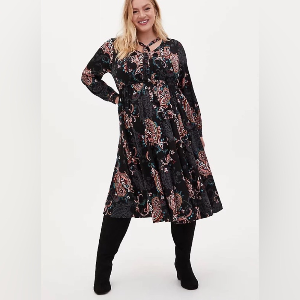 Torrid Dress Black Paisley Challis Skater Midi Dress NWT